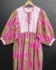 Maxi Vestido Algodón Rosa Rayas Tigre, Vestido Cuello Profundo Para Mujer Moda Ropa EE. UU.
