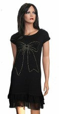 VESTIDO DE PUNTO VESTIDO NEGRO TACHUELAS MOTIVO LAZO MANGA CORTA ESCALONADO INFERIOR 38 NUEVO