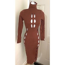 Nuevo con etiquetas Vestido para mujer Hera Collection marrón cuello alto tejido midi recortado talla mediana