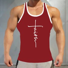 ⭐Chaleco De Hombre Rojo Cruz Fe Gráfico Muscle Sin Mangas Entrenamiento GIMNASIO Tee