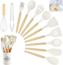 Juego de Utensilios de Cocina, Juego de 12 Piezas de Utensilios de Cocina de Silicona con Madera Blanca
