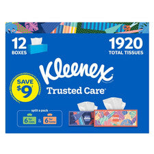 Kleenex Trusted Care pañuelos faciales de 2 capas, 12 cajas - 160 pañuelos cada una.
