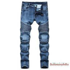 Pantalones de mezclilla largos de motociclista plisados para hombre calce ajustado
