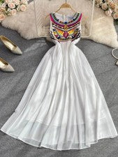 Moda Verano Cuentas Lentejuelas Bordado Vestido Largo Para Mujer Sin Mangas