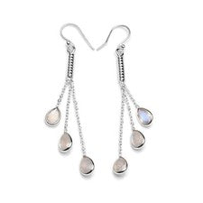 Pendiente de cadena larga colgante de plata de ley 925 con piedra lunar arco iris natural
