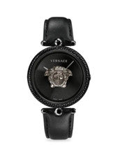 RELOJ VERSACE ESFERA NEGRA LOGO CORREA CUERO NEGRO MOVIMIENTO CUARZO SUIZO