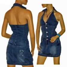 Vestido vaquero minivestido cuello halter con cinta fija para el cuello botones bolsillos 32/34