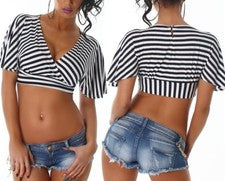 Sexy Miss Mujer Girly Cultivo Top sin Vientre Moda Rayas 36 38 Azul Blanco Nuevo
