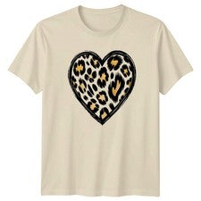 Elegante Camiseta Estampado Leopardo Corazón Envejecido Mujer Estampado Animal Moda