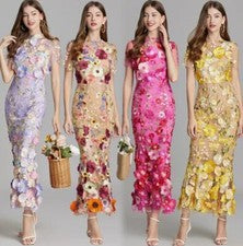 Vestido largo ajustado bordado floral para mujer estilo francés boda cintura alta nuevo