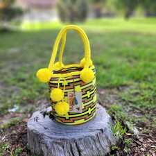 Bolso Wayuu Grande Hecho a Mano COLOMBIANO Brillante Pom Pom Boho Mochila Estilo Tribal
