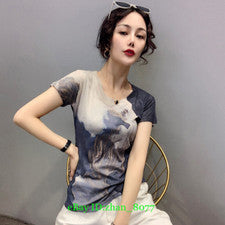 Para mujeres Verano Moda Estampado Cuello Redondo Manga Corta Parte Inferior Camisa Calce Ajustado Top