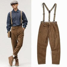 Pantalones rectos de pana estilo británico para hombre Pantalones con tirantes Pantalones de trabajo retro