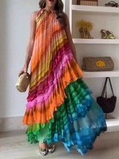 Mujeres Moda Verano Playa Sin Mangas Colorido Maxi Vestido Largo Calce Suelto Informal