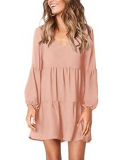 Vestido midi de manga larga con cuello en V Amoretu para mujer (rosa, S)