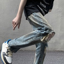 Pantalones de mezclilla desgastados vintage estilo oscuro calle alta holgados informales para hombre