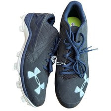 Botines de béisbol bajos Under Armour Team Yard talla 14 negros con ribete azul y encaje