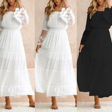 Locker sitzendes weißes Damenkleid im Bohemian Style mit Spitzendetail und lang