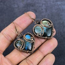 Pendiente de joyería envolvente de alambre de cobre con piedras preciosas de labradorita 2,21" regalo para ella V813