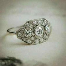 Anillo de boda Art Deco vintage de diamantes simulados redondos de más de 2 quilates de oro blanco de 14k