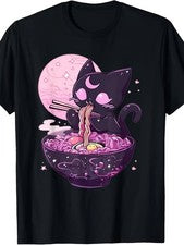 Camiseta Pastel Gótico Estética Kawaii Espeluznante Gato Comiendo Ramen Fideos Mismo Estilo para