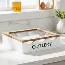 Soporte organizador de utensilios cubiertos tapa ventana 3 compartimentos de madera blanca