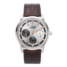 Reloj Adi Hombre Multifunción Analógico Impermeable Esfera Plateada Correa Cuero Marrón