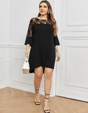 Vestido de moda formal de fiesta con hombros de malla negro para mujer talla grande