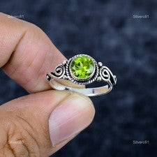 Anillo Bisel Eternidad Completa Promesa Peridoto Natural Redondo Plata Esterlina Agosto