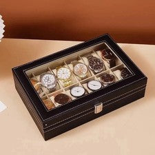 Caja de exhibición de reloj de pulsera de cuero PU de 12 ranuras soporte organizador estuche --
