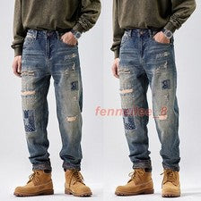 Pantalones de mezclilla rectos clásicos para hombre desgastados moda retro informales rasgados
