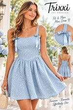 Mini Vestido Trixxi Para Mujer Grande Azul Floral Jacquard Ajuste y Acampanado Correa con Lazo Nuevo con Etiquetas R