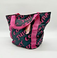 NUEVO CON ETIQUETAS Juicy Couture Bolso de Mano Grande Cartera Rosa Negro Logo Lona Cierre Magnético