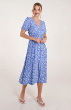 Vestido midi para mujer Ditsy floral elástico cuello en V cintura ceñida frente dividido
