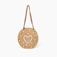 Bolso de Hombro LIKE DREAMS Paja Imitación Perla Redondo Mujer’s Tostado Natural~