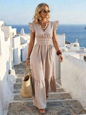 Vestido largo de mujer con escote en V y volantes