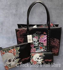 Bolso Bandolera Ed Hardy Negro Calavera Cruz Dragón + Juego de Cartera y Bolsa de Muñequera ~ Nuevo con Etiquetas