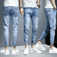 Pantalones de mezclilla informales rasgados rectos ajustados cargo para hombre