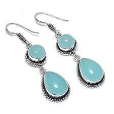 Pendientes de joyería de plata de ley 925 hechos a mano con piedras preciosas de calcedonia Aqua tamaño 2"