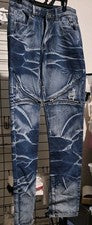 Pantalones de mezclilla rectos desgastados lavado ácido azul detalles con cremallera Fashion Wear para hombre