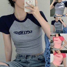 Elegante Azul Sin Vientre Mujer Tops Ajuste Estrecho Camiseta Manga Corta Moda Diario