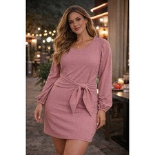 Vestido midi de manga larga acanalado pequeño a la cintura rosa polvoriento de marca de moda para mujer