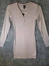 Mini Vestido Para Mujer Wild Fable Taupe Acanalado Henley Manga Larga Bodycon Talla Pequeña