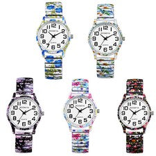 Reloj Mujer Floral Banda Elástica Números Grandes Fácil Lectura Analógico Cuarzo Elástico