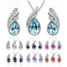 Schmuck Set Halskette Ohrringe Zirkonia Kristall Tropfen Flügel Silber Strass