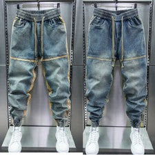Nuevos pantalones de mezclilla ajustados con cordón cintura elástica harén sueltos de moda para hombre