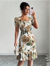 Vestido para mujer Elenzga de moda elegante romántico estampado floral cuello cuadrado