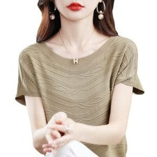 Camiseta de verano para mujer versión coreana de punto liso cuello redondo informal