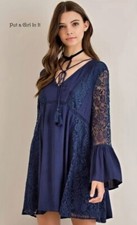 Nuevo vestido túnica mujer ENTRO AZUL MARINO ENCAJE BOHO GITANO BABYDOLL FORRADO EN V S M