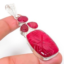 Piedra preciosa simulada roja hecha a mano 925 colgante de joyería de plata e...